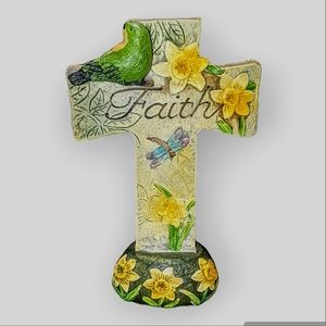 Resin Cross "Faith" Decor w/ Yellow Flowers Bird Dragonfly 9" X 6" Indr/Outdoor